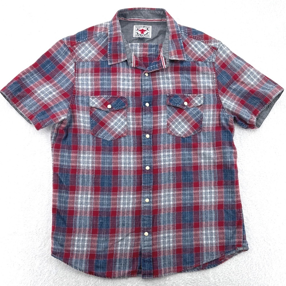 Desert Son Flag & Anthem Mens Shirt Large Red Blue Plaid Western Pearl Snap